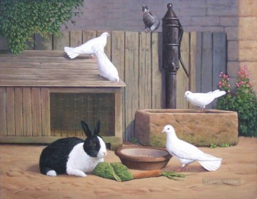 lapin et pigeons Peinture à l'huile
